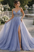 Blue Fairy A-Line Spaghetti Strap Corset Dusty Train Prom Dress With Slit