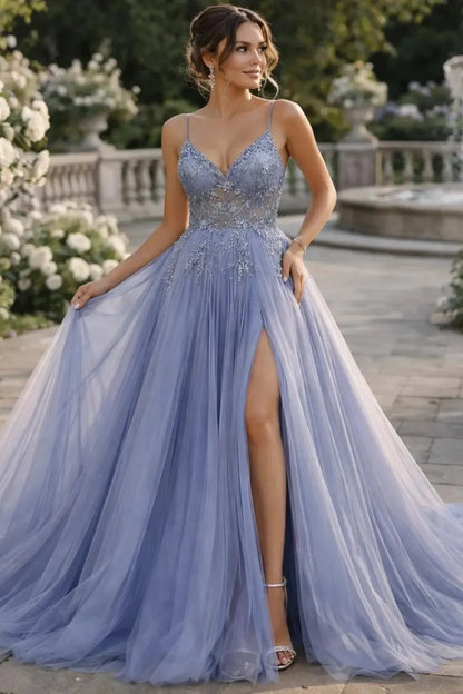 Glamorous Dusty-Blue Lace A-Line Classic-Neck Sleeveless Lace-Up-Back Floor-Length Prom Dress