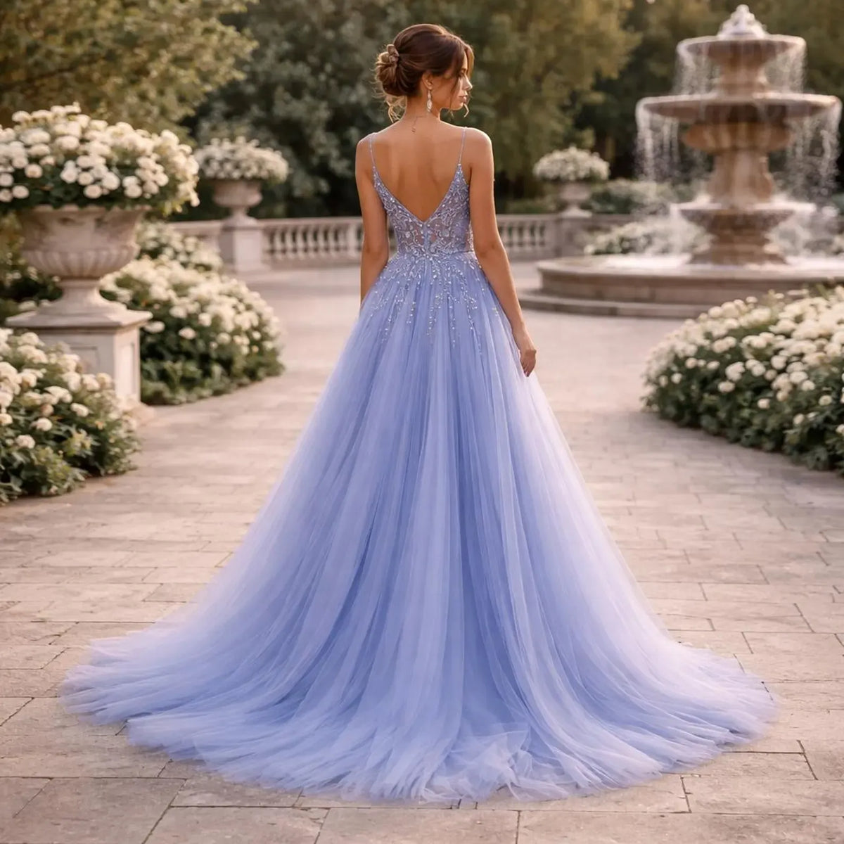 Blue Fairy A-Line Spaghetti Strap Corset Dusty Train Prom Dress With Slit