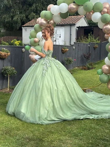 Sage Green Fairy Ball Gown Off Shoulder Applique Train Prom Dress