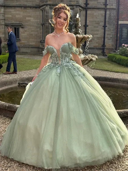 Sage Green Fairy Ball Gown Off Shoulder Applique Train Prom Dress