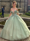 Sage Green Fairy Ball Gown Off Shoulder Applique Train Prom Dress