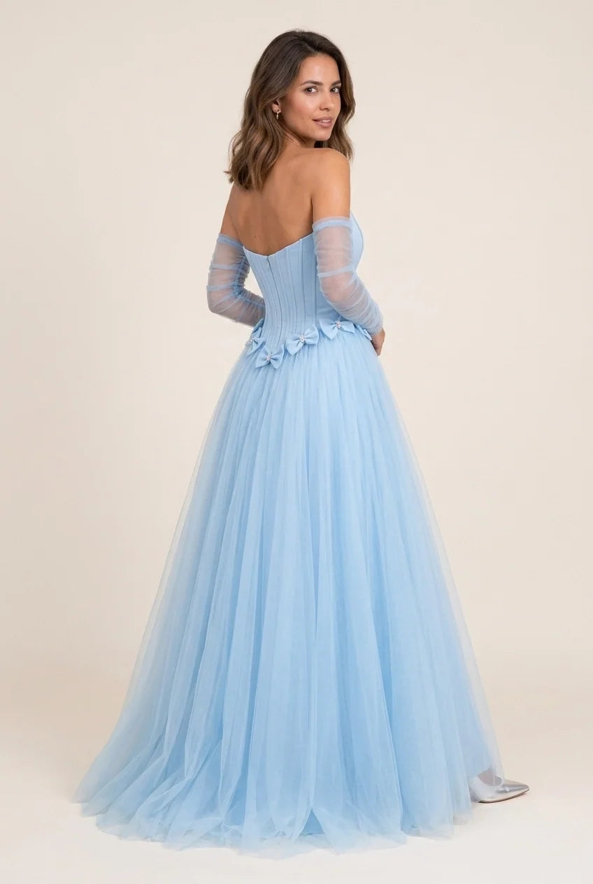Stylish Refined Elegant Light Blue Tulle A-Line Strapless Corset Floor-Length Prom Dress