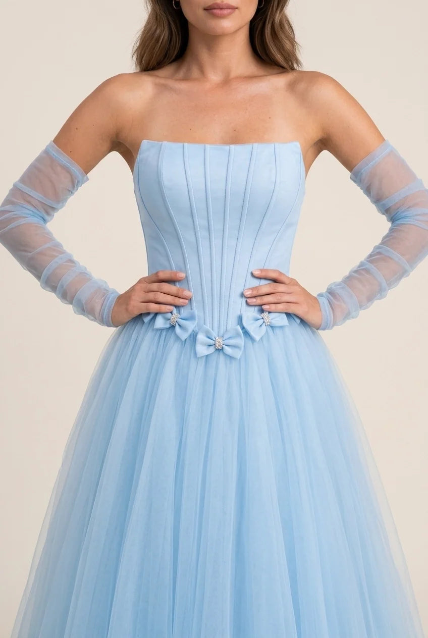 Stylish Refined Elegant Light Blue Tulle A-Line Strapless Corset Floor-Length Prom Dress
