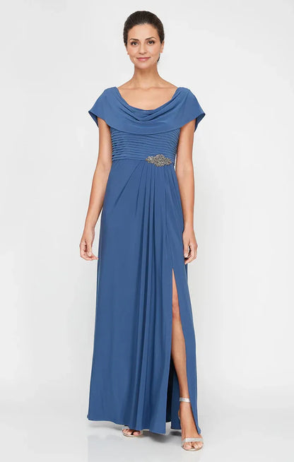 Stylish Elegant Blue A-Line Cowl Backless Floor-Length Mother of the Bride Dress