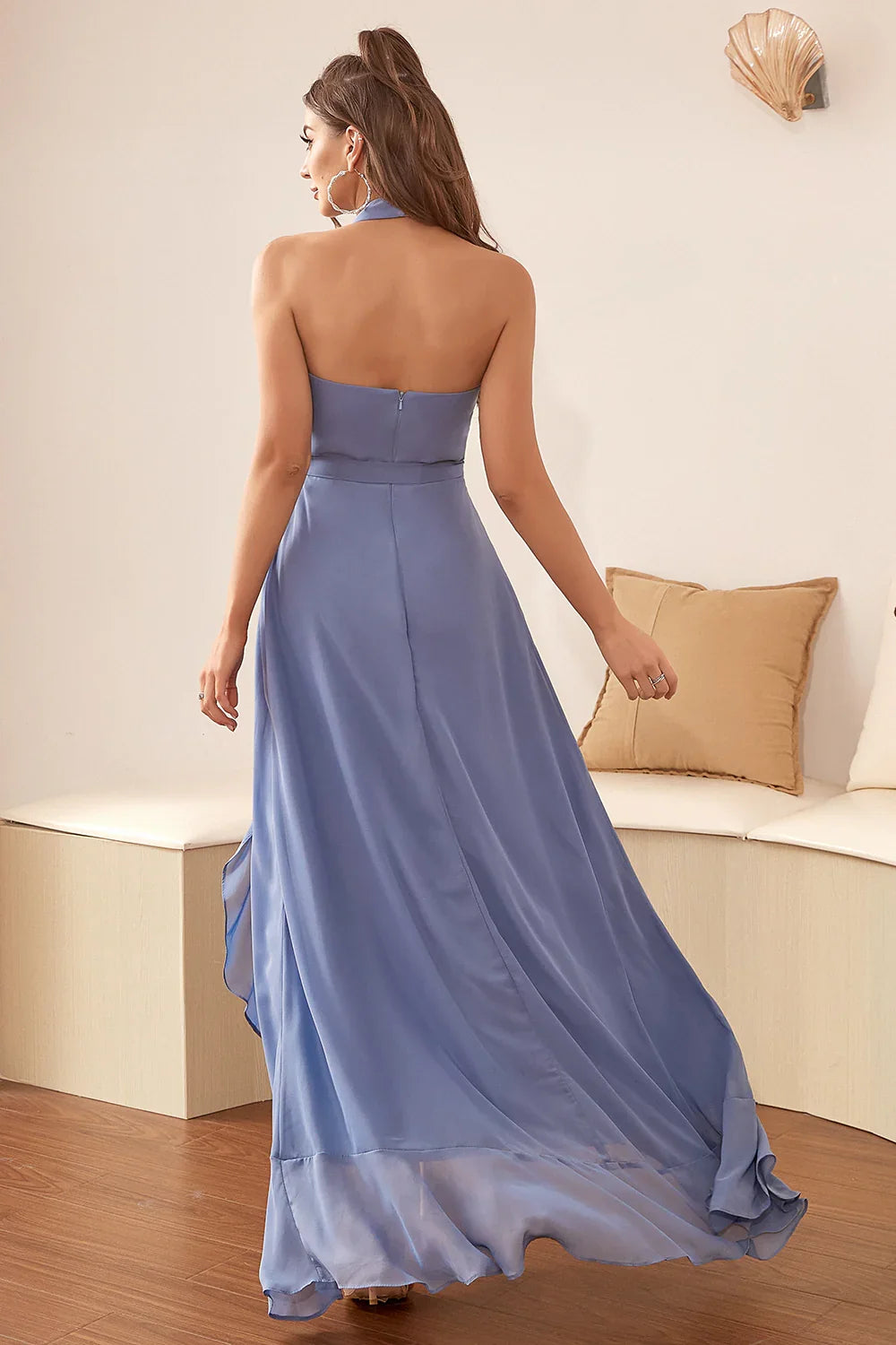Refined Beautiful Timeless Chic Elegant Blue Chiffon A-Line Halter Sleeveless Prom Dress