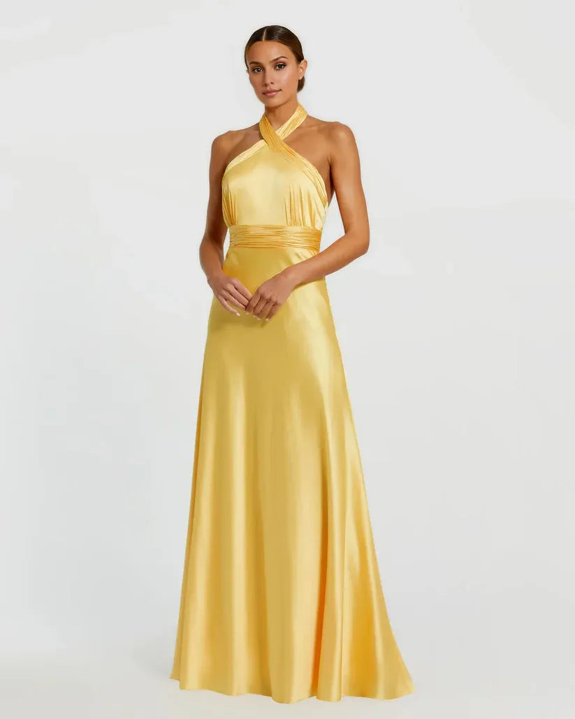 Special Occasion Sophisticated Graceful Elegant Gold Satin A-Line Halter Sleeveless Floor-Length Prom Dress