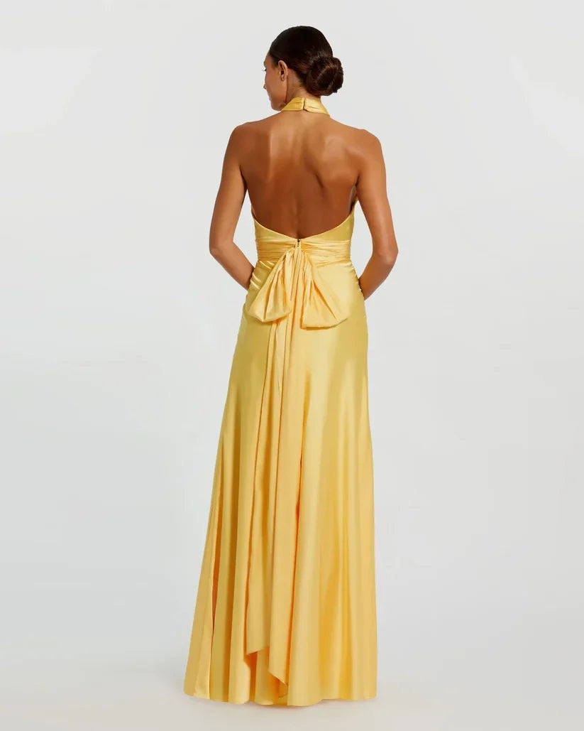 Special Occasion Sophisticated Graceful Elegant Gold Satin A-Line Halter Sleeveless Floor-Length Prom Dress