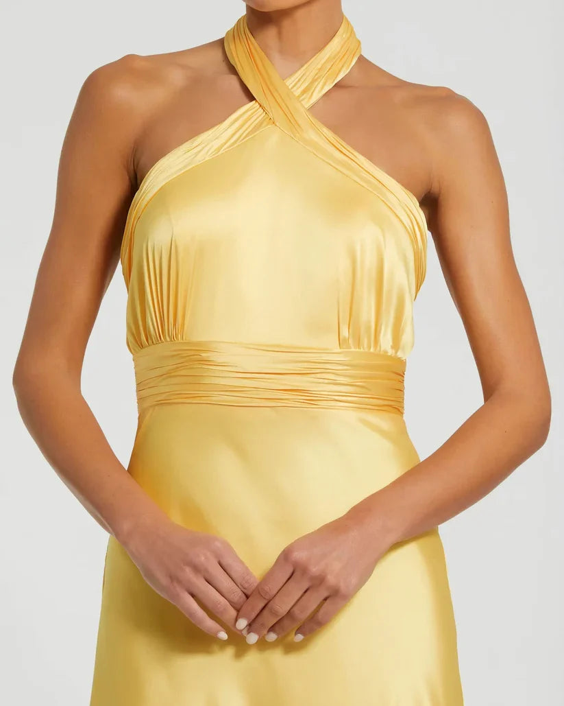 Special Occasion Sophisticated Graceful Elegant Gold Satin A-Line Halter Sleeveless Floor-Length Prom Dress