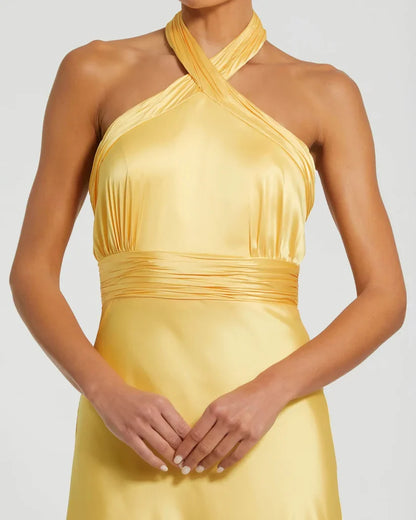 Special Occasion Sophisticated Graceful Elegant Gold Satin A-Line Halter Sleeveless Floor-Length Prom Dress