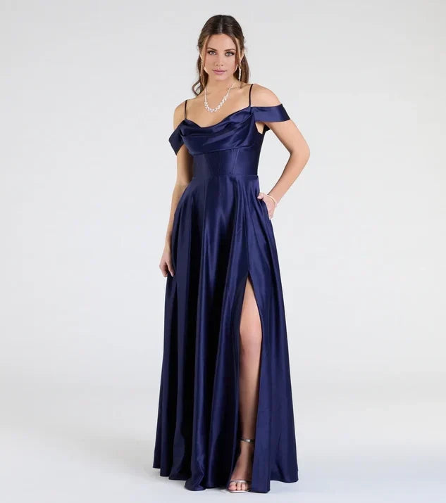 Elegant A-line Off Shoulder Cowl Plain Back Long Evening Dress