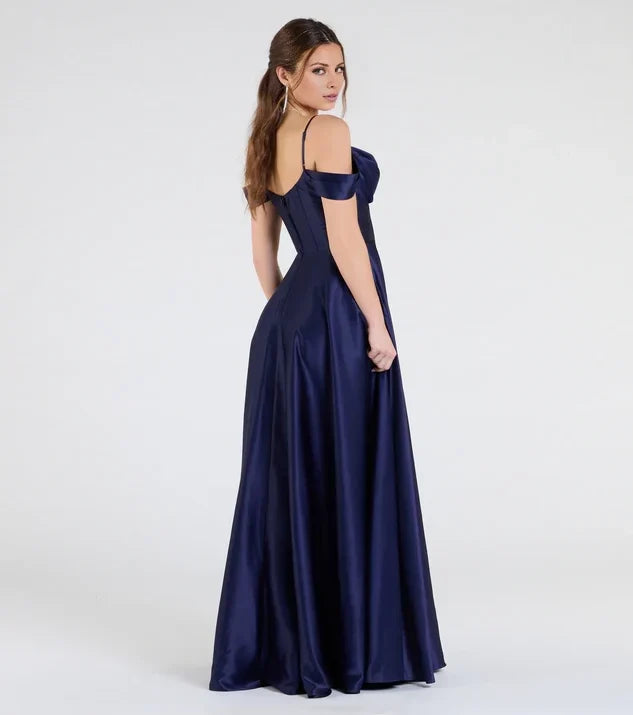 Elegant A-line Off Shoulder Cowl Plain Back Long Evening Dress