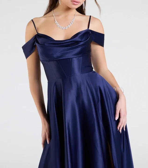 Elegant A-line Off Shoulder Cowl Plain Back Long Evening Dress