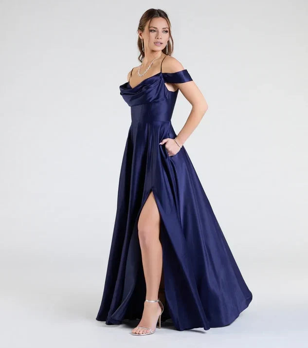 Elegant A-line Off Shoulder Cowl Plain Back Long Evening Dress