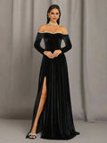 Timeless Special Occasion Elegant Black Velvet A-Line Long Sleeve Floor-Length Prom Dress