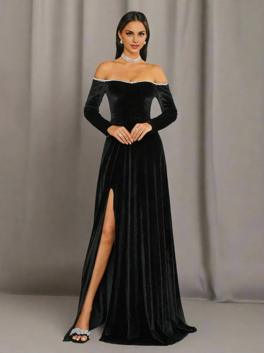 Timeless Special Occasion Elegant Black Velvet A-Line Long Sleeve Floor-Length Prom Dress