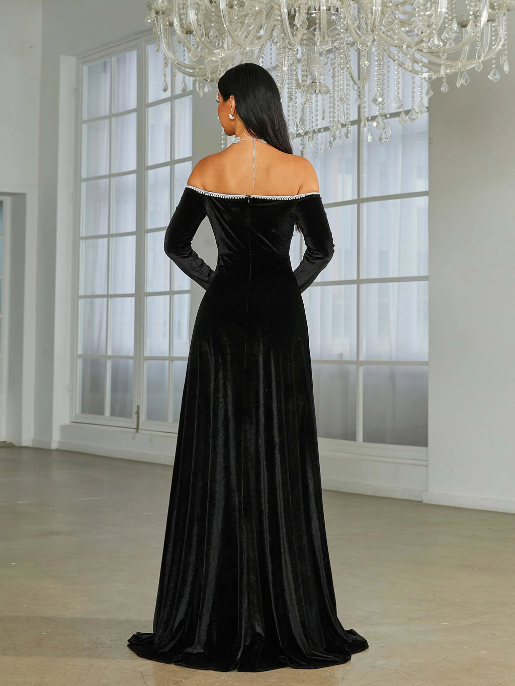 Timeless Special Occasion Elegant Black Velvet A-Line Long Sleeve Floor-Length Prom Dress