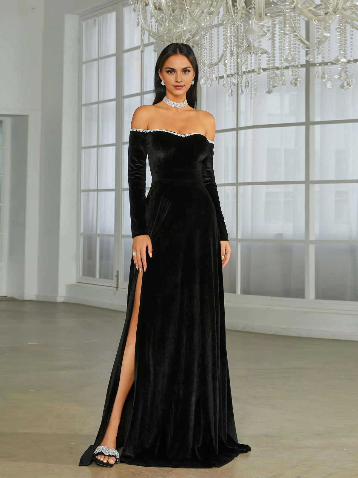 Timeless Special Occasion Elegant Black Velvet A-Line Long Sleeve Floor-Length Prom Dress