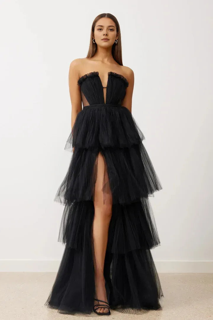 Timeless Special Occasion Sophisticated Elegant Black Tulle A-Line Sleeveless Floor-Length Prom Dress