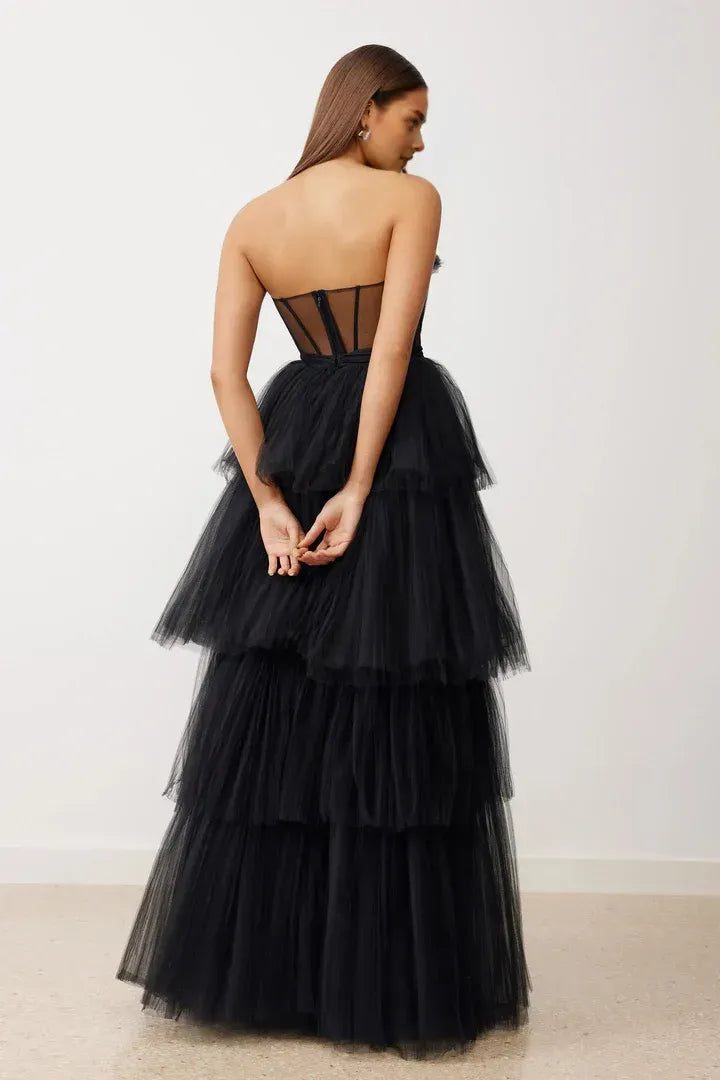 Timeless Special Occasion Sophisticated Elegant Black Tulle A-Line Sleeveless Floor-Length Prom Dress