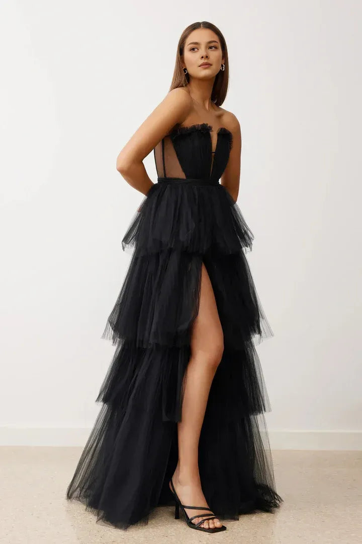 Timeless Special Occasion Sophisticated Elegant Black Tulle A-Line Sleeveless Floor-Length Prom Dress