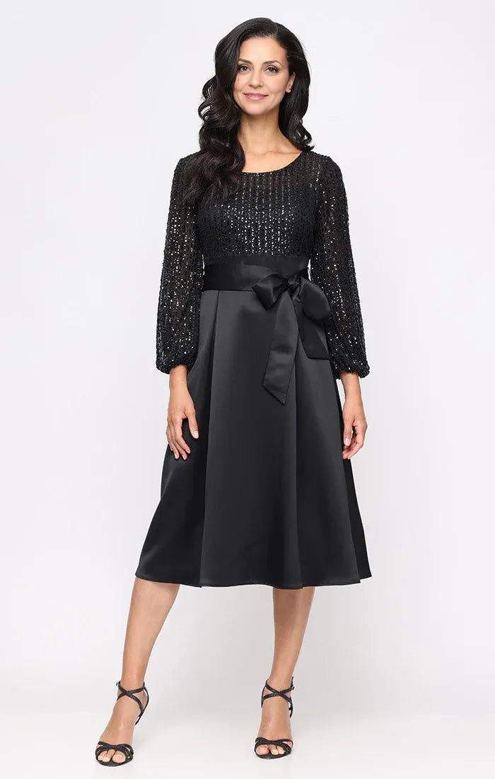 Elegant Black Satin A-Line Scoop Neck Long Sleeve Tea-Length Mother of the Bride Dress