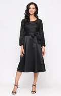 Elegant Black Satin A-Line Scoop Neck Long Sleeve Tea-Length Mother of the Bride Dress