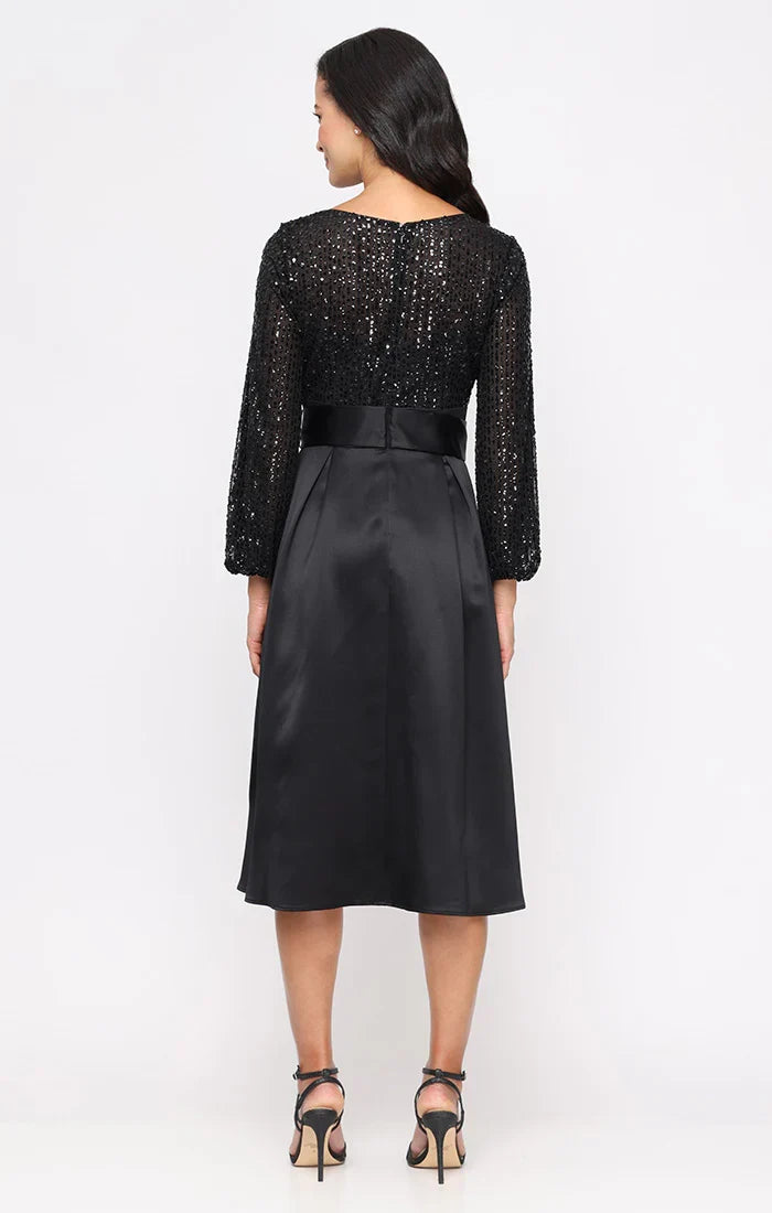Elegant Black Satin A-Line Scoop Neck Long Sleeve Tea-Length Mother of the Bride Dress