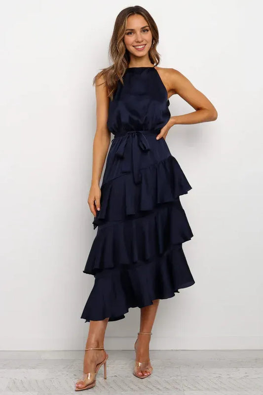 Beautiful Timeless Special Occasion Elegant Navy Blue A-Line Sleeveless Tea-Length Prom Dress