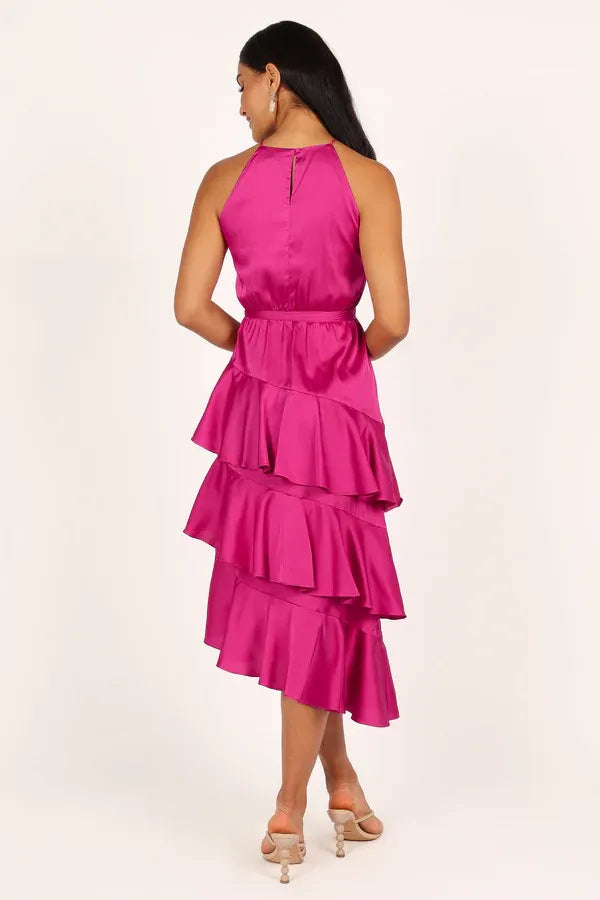 Beautiful Timeless Chic Elegant Hot Pink Satin A-Line Sleeveless Tea-Length Prom Dress