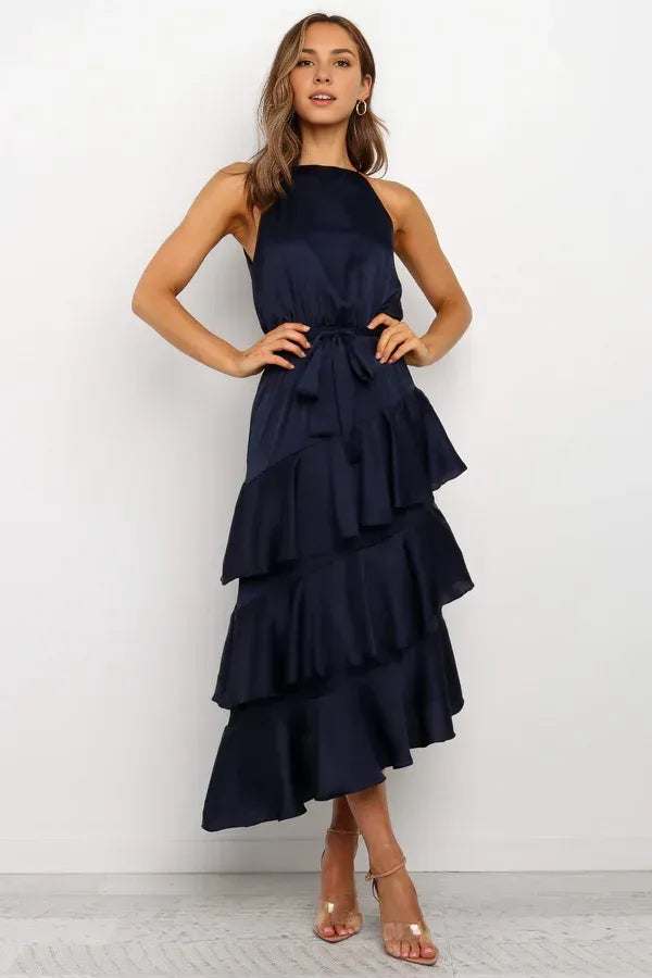 Beautiful Timeless Special Occasion Elegant Navy Blue A-Line Sleeveless Tea-Length Prom Dress