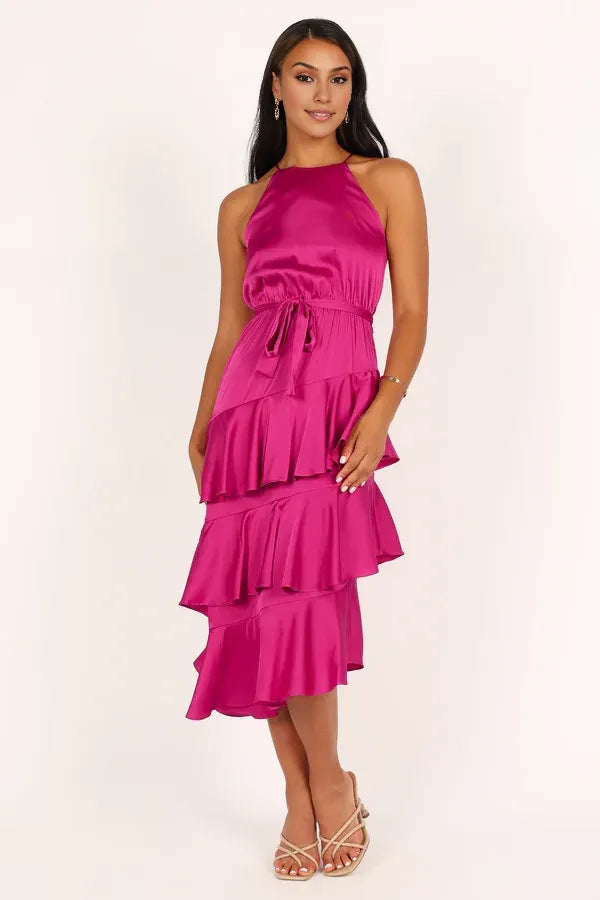 Beautiful Timeless Chic Elegant Hot Pink Satin A-Line Sleeveless Tea-Length Prom Dress