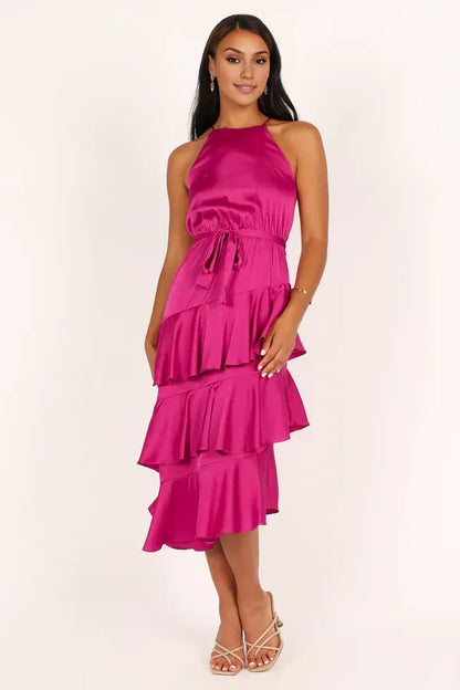 Beautiful Timeless Chic Elegant Hot Pink Satin A-Line Sleeveless Tea-Length Prom Dress