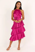 Beautiful Timeless Chic Elegant Hot Pink Satin A-Line Sleeveless Tea-Length Prom Dress