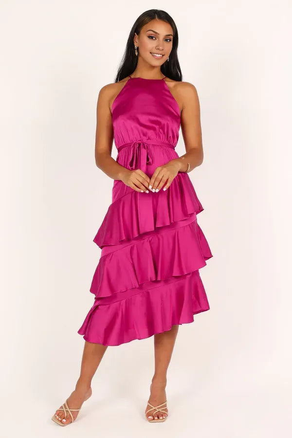 Beautiful Timeless Chic Elegant Hot Pink Satin A-Line Sleeveless Tea-Length Prom Dress