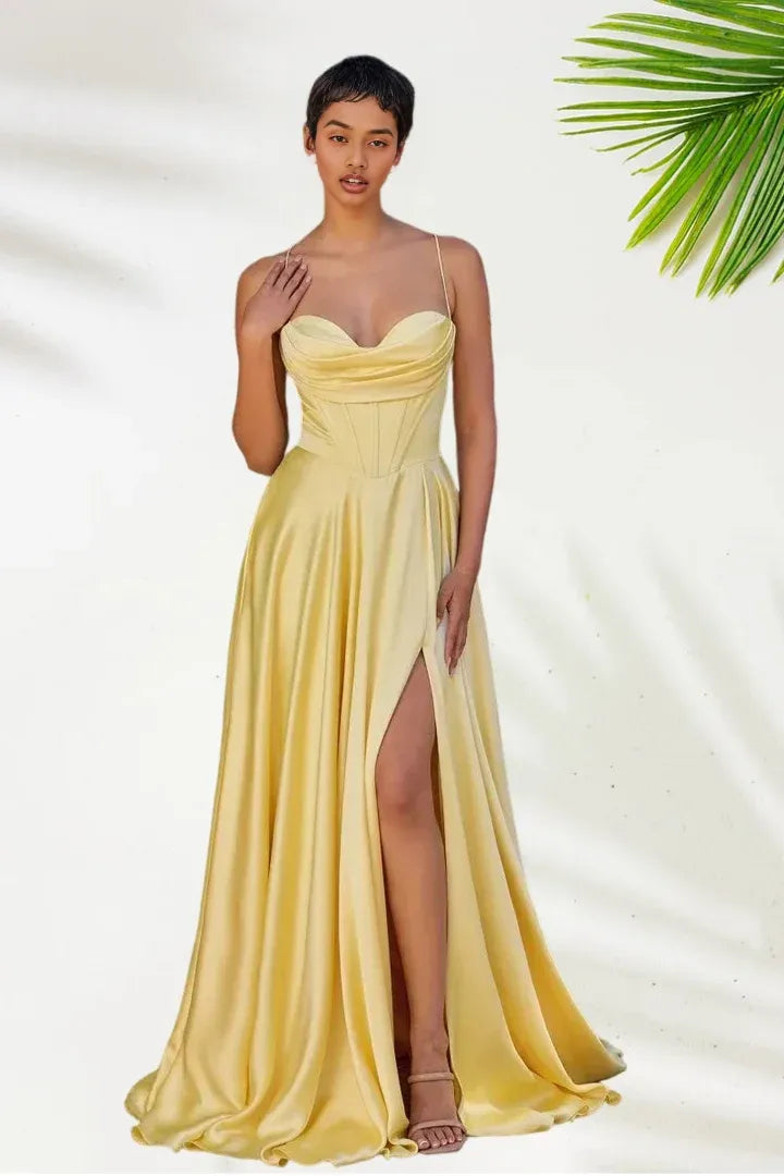 Timeless Special Occasion Sophisticated Elegant Gold Satin A-Line Sleeveless Floor-Length Prom Dress
