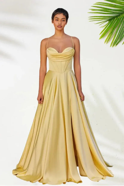 Timeless Special Occasion Sophisticated Elegant Gold Satin A-Line Sleeveless Floor-Length Prom Dress