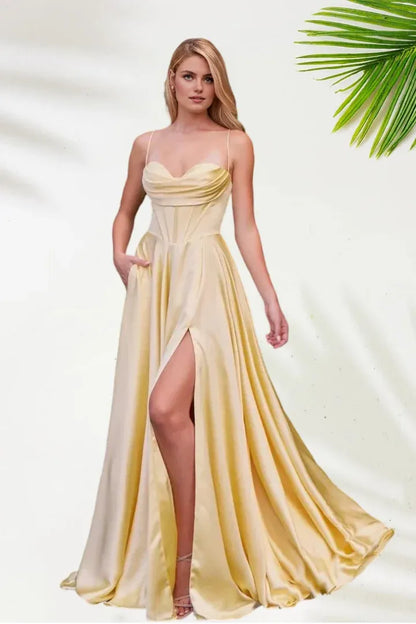 Timeless Special Occasion Sophisticated Elegant Gold Satin A-Line Sleeveless Floor-Length Prom Dress
