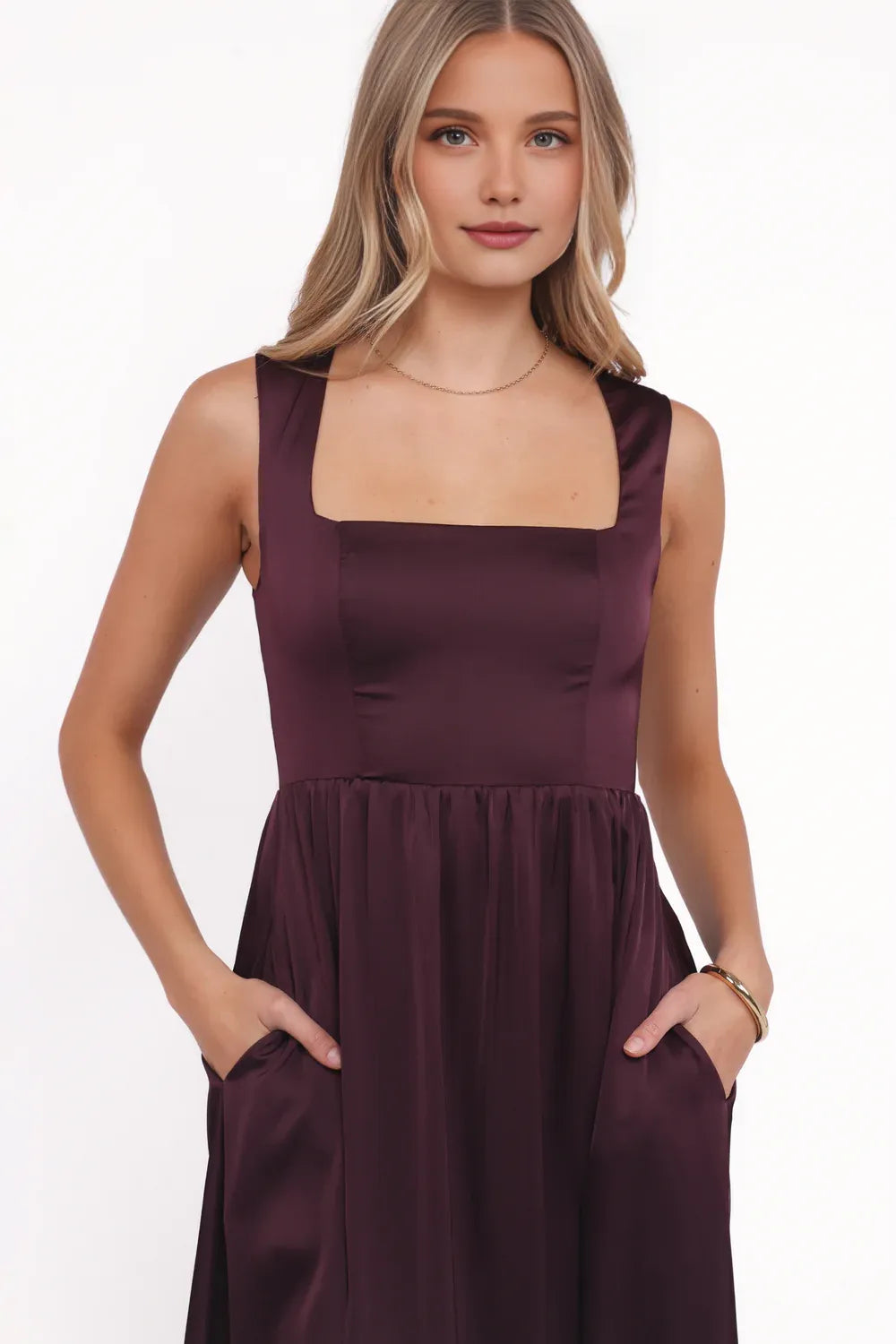 Stylish Refined Beautiful Elegant Satin A-Line Square Neck Sleeveless Floor-Length Prom Dress
