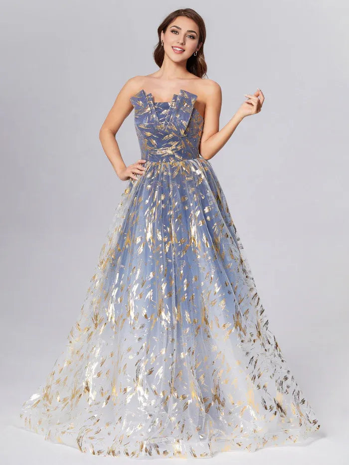 Timeless Special Occasion Elegant Dusty Blue Lace A-Line Strapless Sleeveless Prom Dress