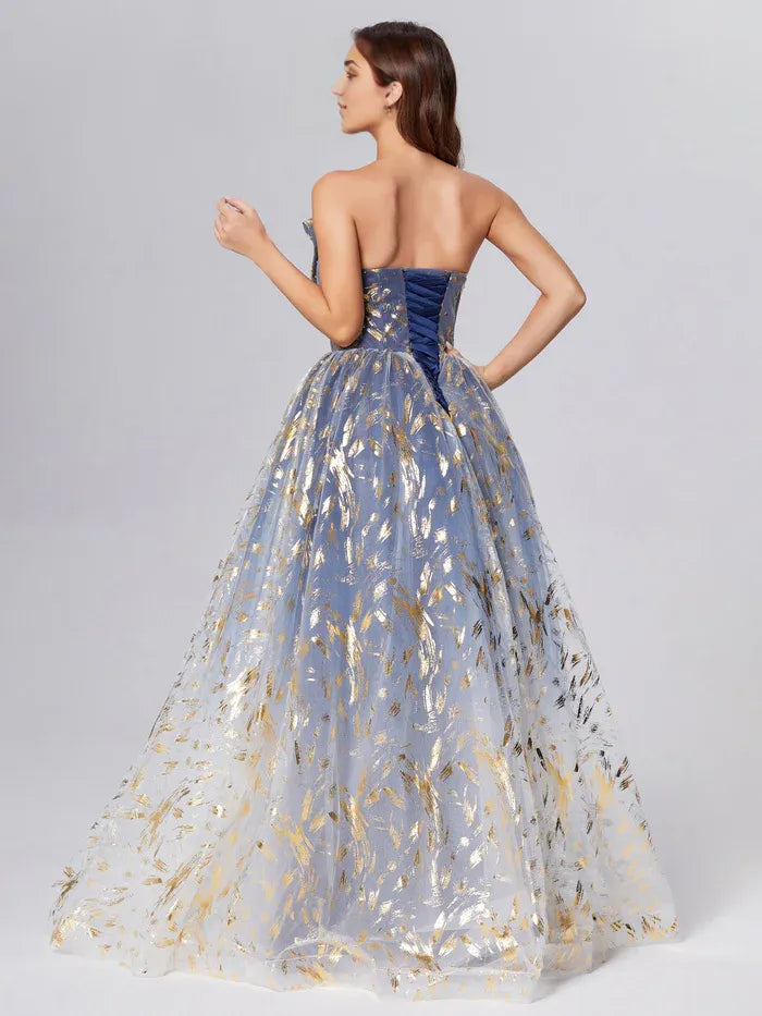 Timeless Special Occasion Elegant Dusty Blue Lace A-Line Strapless Sleeveless Prom Dress