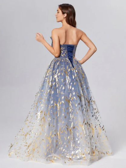 Timeless Special Occasion Elegant Dusty Blue Lace A-Line Strapless Sleeveless Prom Dress