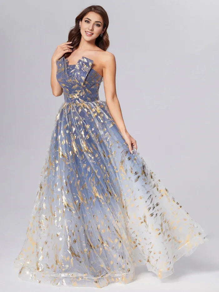 Timeless Special Occasion Elegant Dusty Blue Lace A-Line Strapless Sleeveless Prom Dress