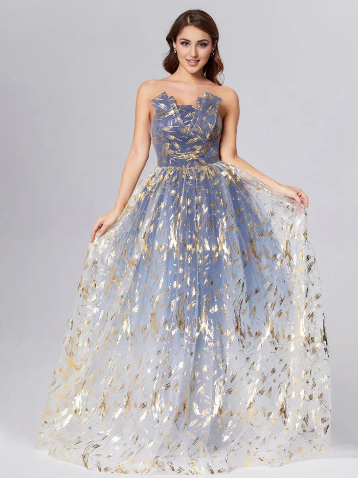 Timeless Special Occasion Elegant Dusty Blue Lace A-Line Strapless Sleeveless Prom Dress