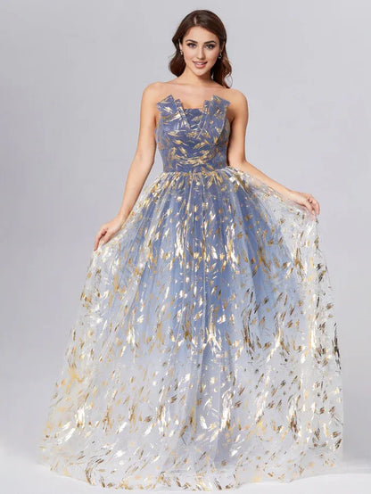 Timeless Special Occasion Elegant Dusty Blue Lace A-Line Strapless Sleeveless Prom Dress