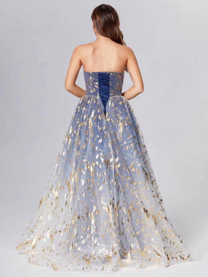 Timeless Special Occasion Elegant Dusty Blue Lace A-Line Strapless Sleeveless Prom Dress