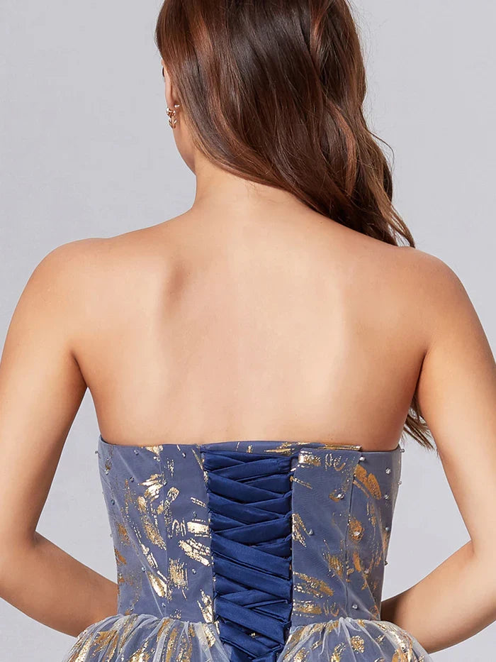 Timeless Special Occasion Elegant Dusty Blue Lace A-Line Strapless Sleeveless Prom Dress