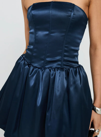 Sophisticated Graceful Elegant Navy Blue Satin A-Line Strapless Sleeveless Mini Homecoming Dress