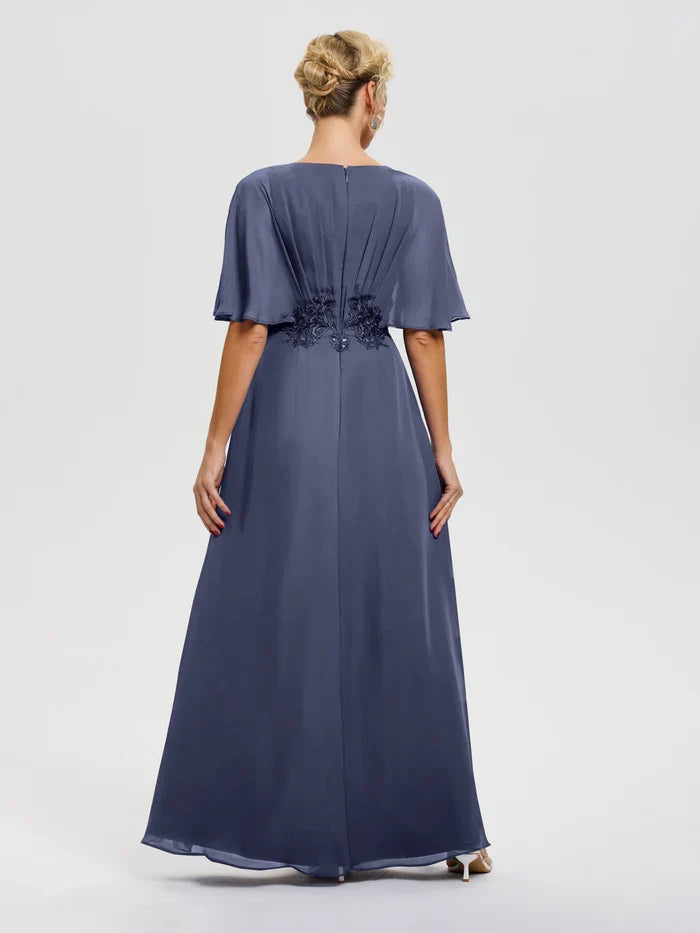 Elegant Dusty Blue Chiffon A-Line V-Neck Floor-Length Mother of the Bride Dress