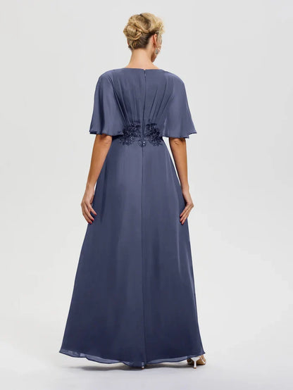 Elegant Dusty Blue Chiffon A-Line V-Neck Floor-Length Mother of the Bride Dress